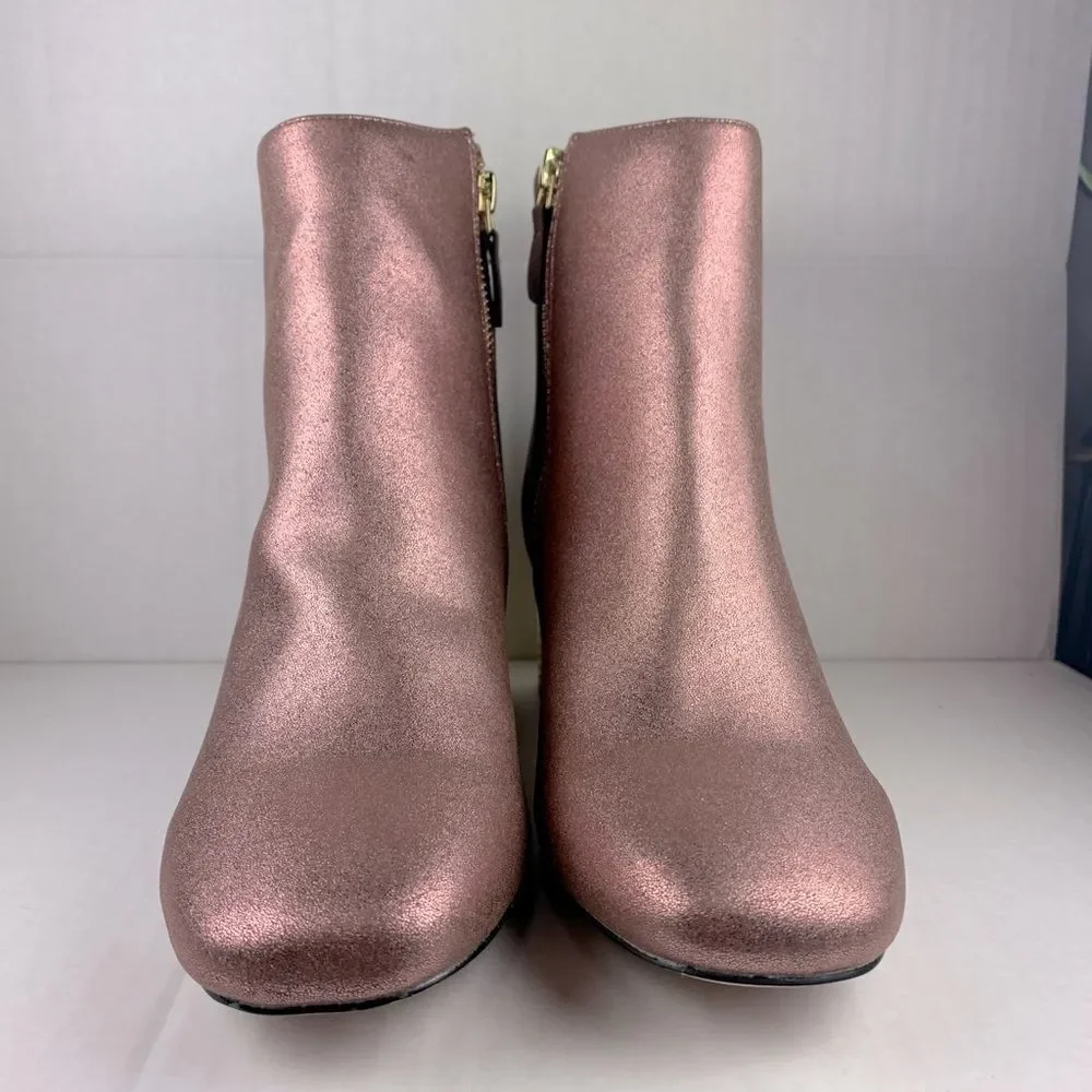 ASOS pink shimmer ankle bootie gold textured gold block heels